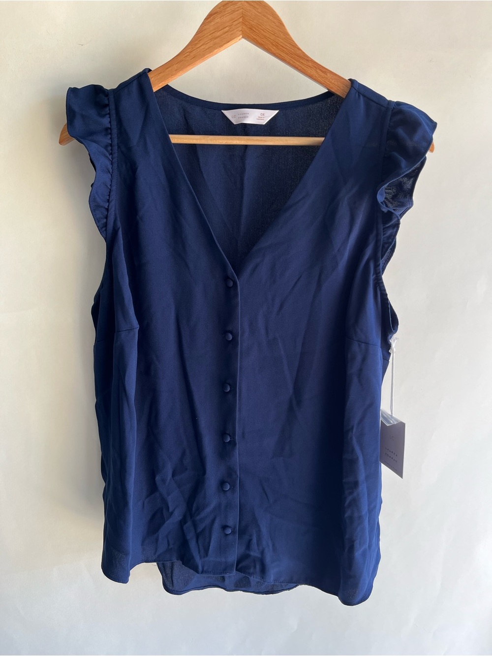 LC Lauren Conrad Ruffle Sleeve Button Up Blouse Navy Blue Sz 0X New NWT Women’s